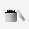 Set of 5 black hair ties, with a strong hold in a lilac tin