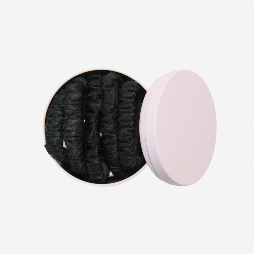Set of 5 Black Silk Hair Ties in a Keepsake Tin