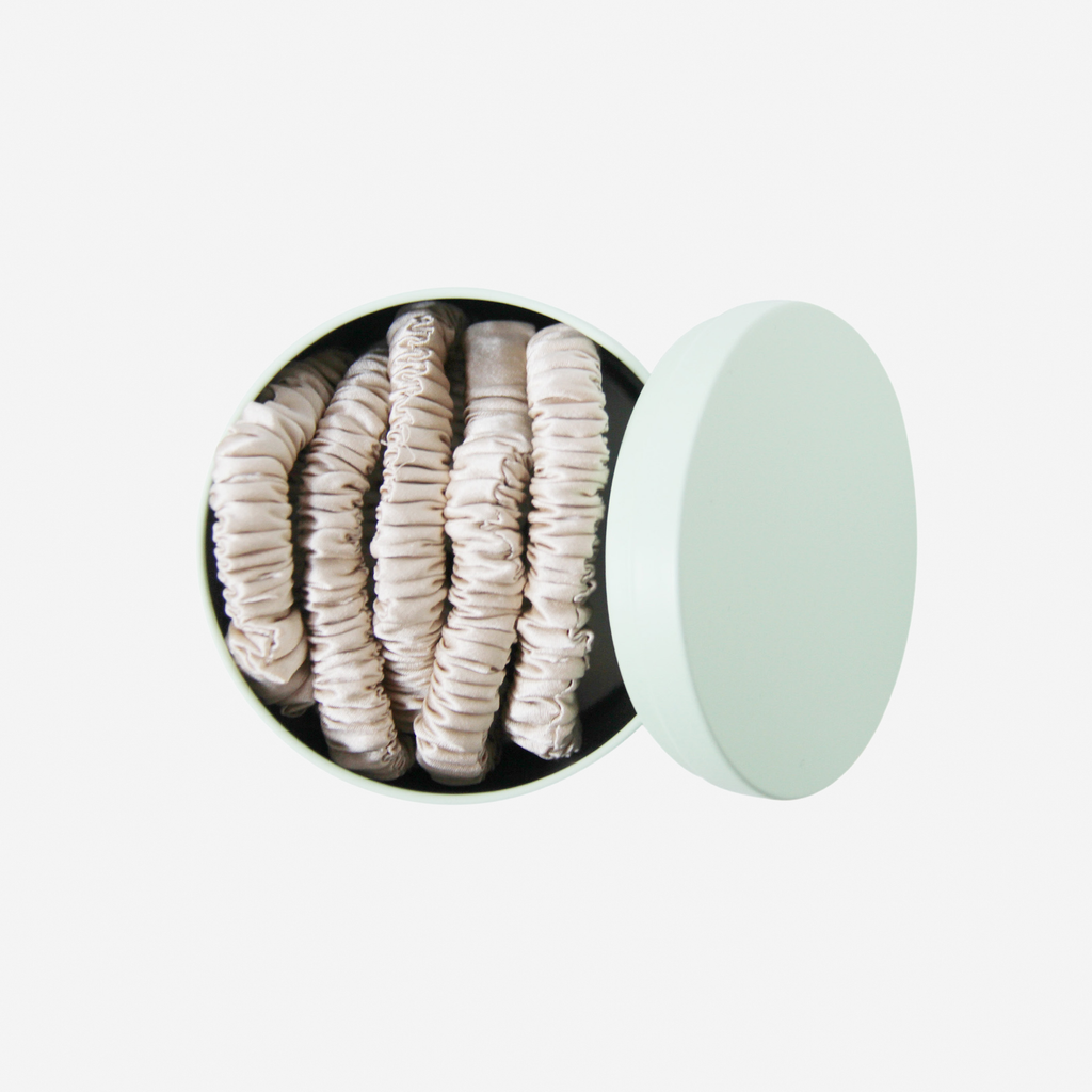 Set of 5 Champagne Silk Hair Ties in a Keepsake Tin