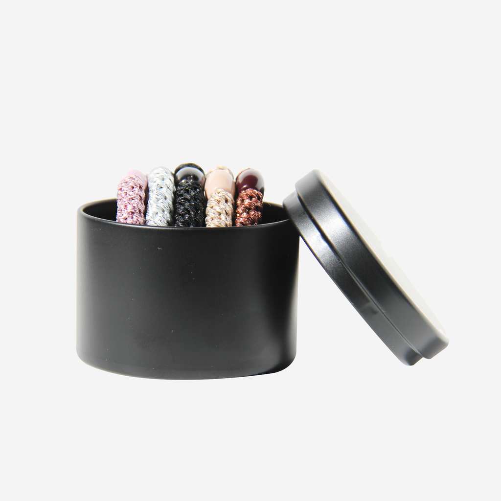 Set of 5 sparkle hair ties, in pink silver, black, gold and bronze, with a strong hold, in a black tin
