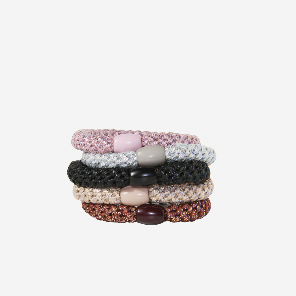 stack of 5 sparkle hair ties, in pink silver, black, gold and bronze, with a strong hold, 