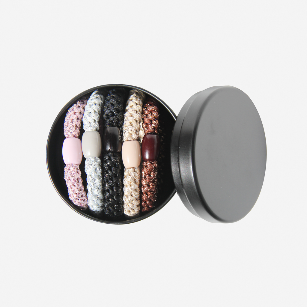 Set of 5 sparkle hair ties, in pink silver, black, gold and bronze, with a strong hold,  in a black tin