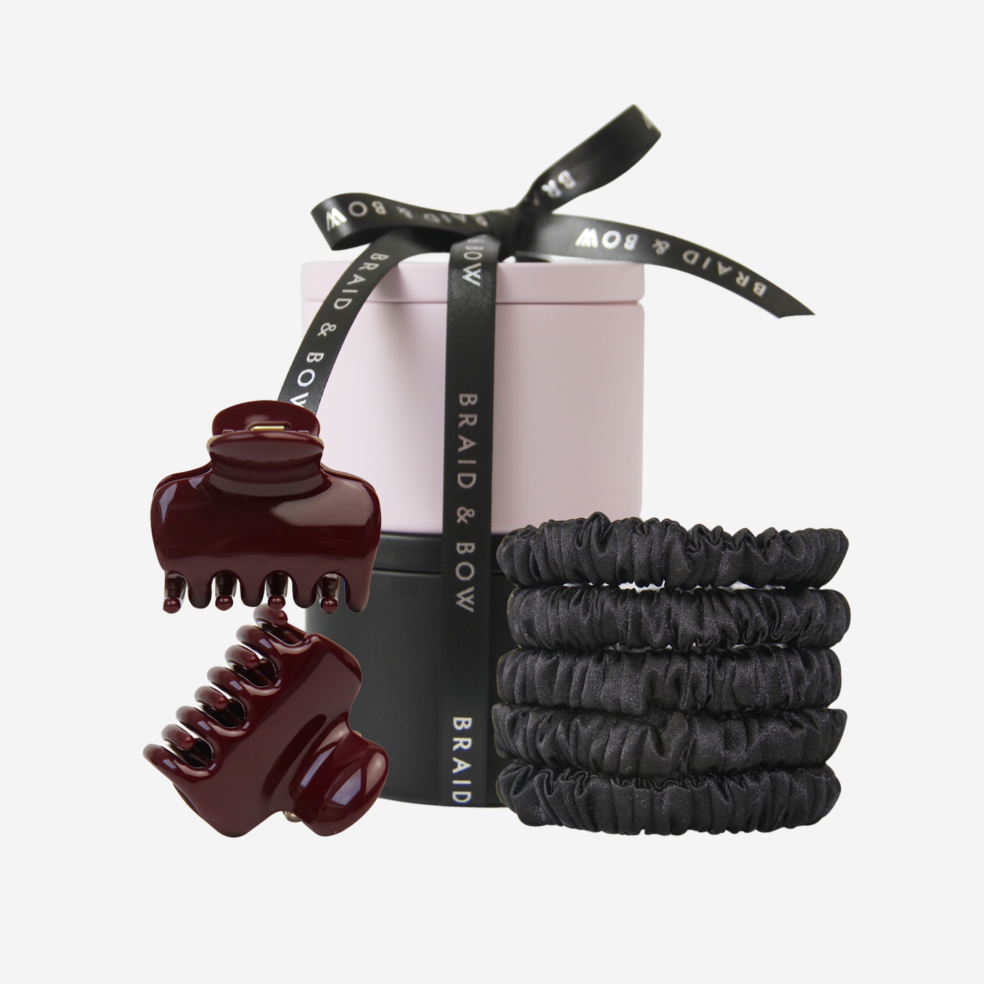 Burgundy & Black Silk Hair Ties & Hair Claw Gift Set