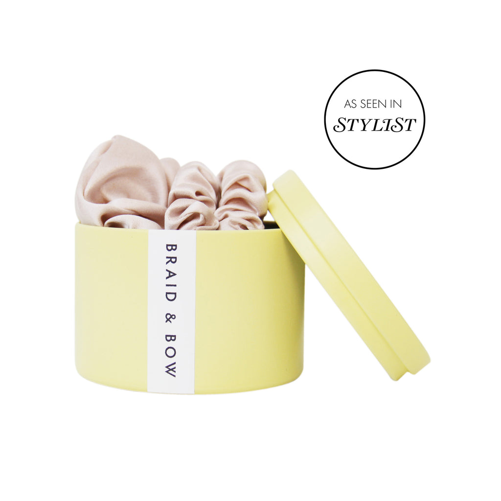 Set of 3 Blush Silk Scrunchies in a Keepsake Tin