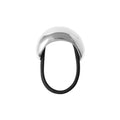 Silver oval ponytail cuff on a black elastic hair tie on a white background