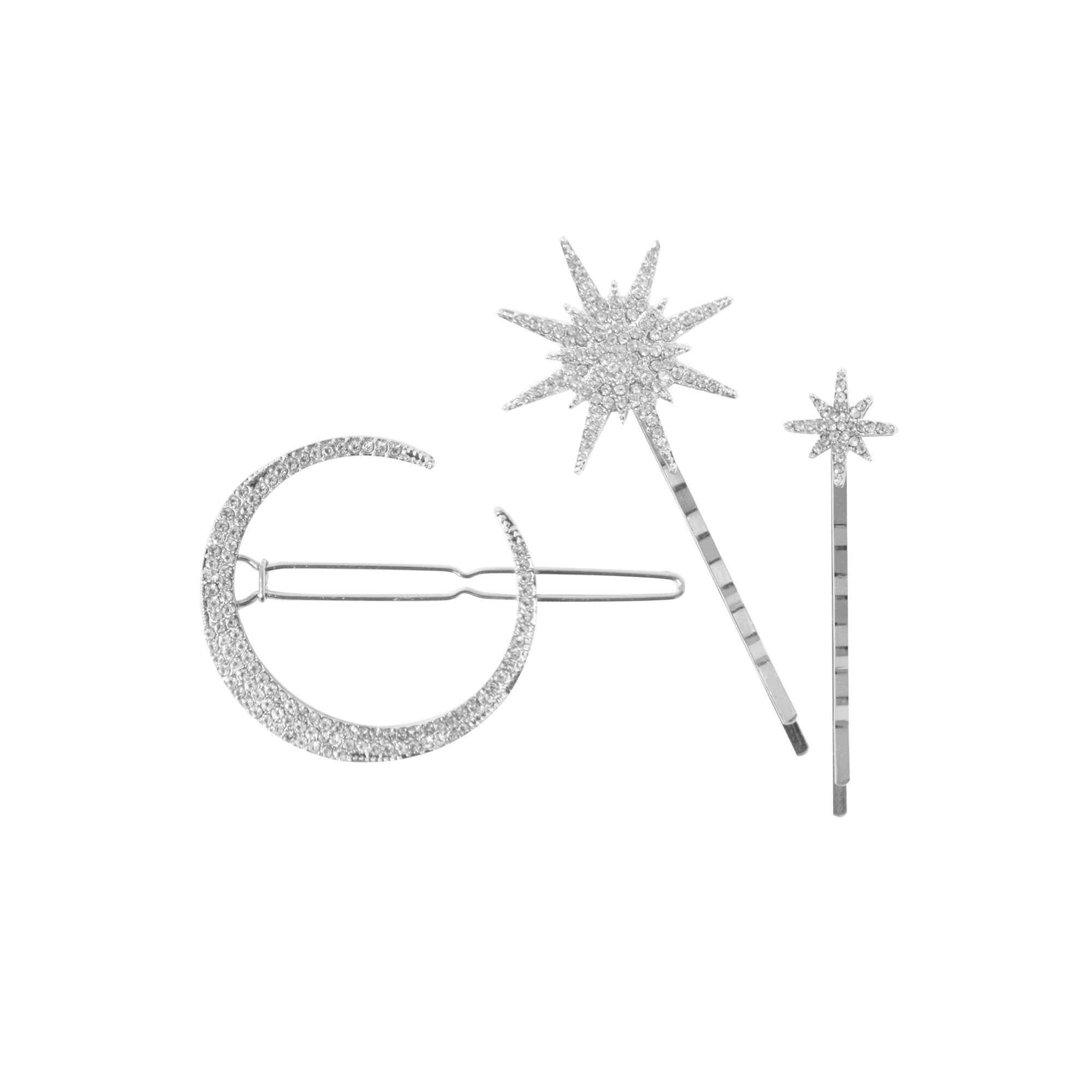 Crystal Moon and Star Silver Hair Clip Set
