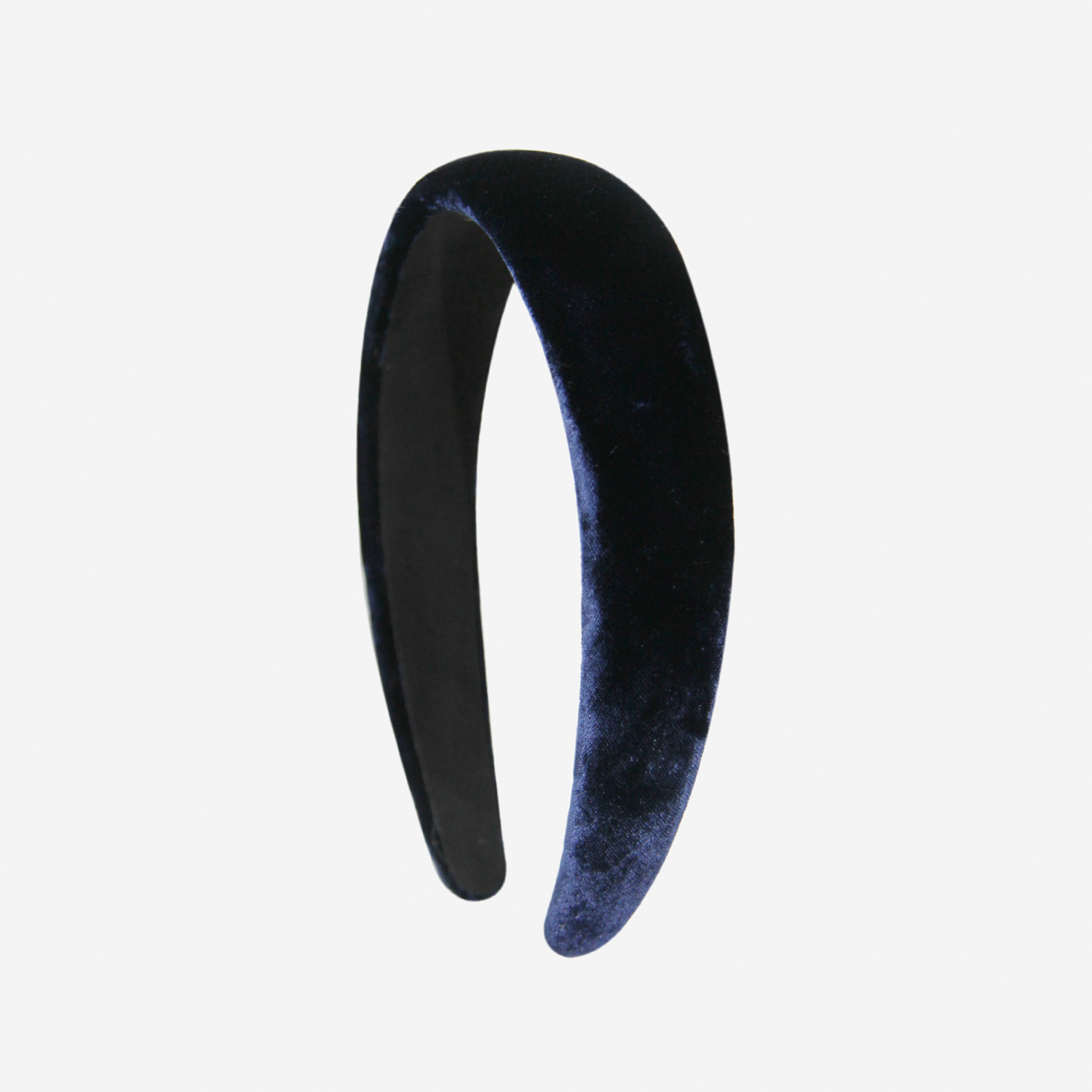Navy Blue silk velvet padded headband on an off white background