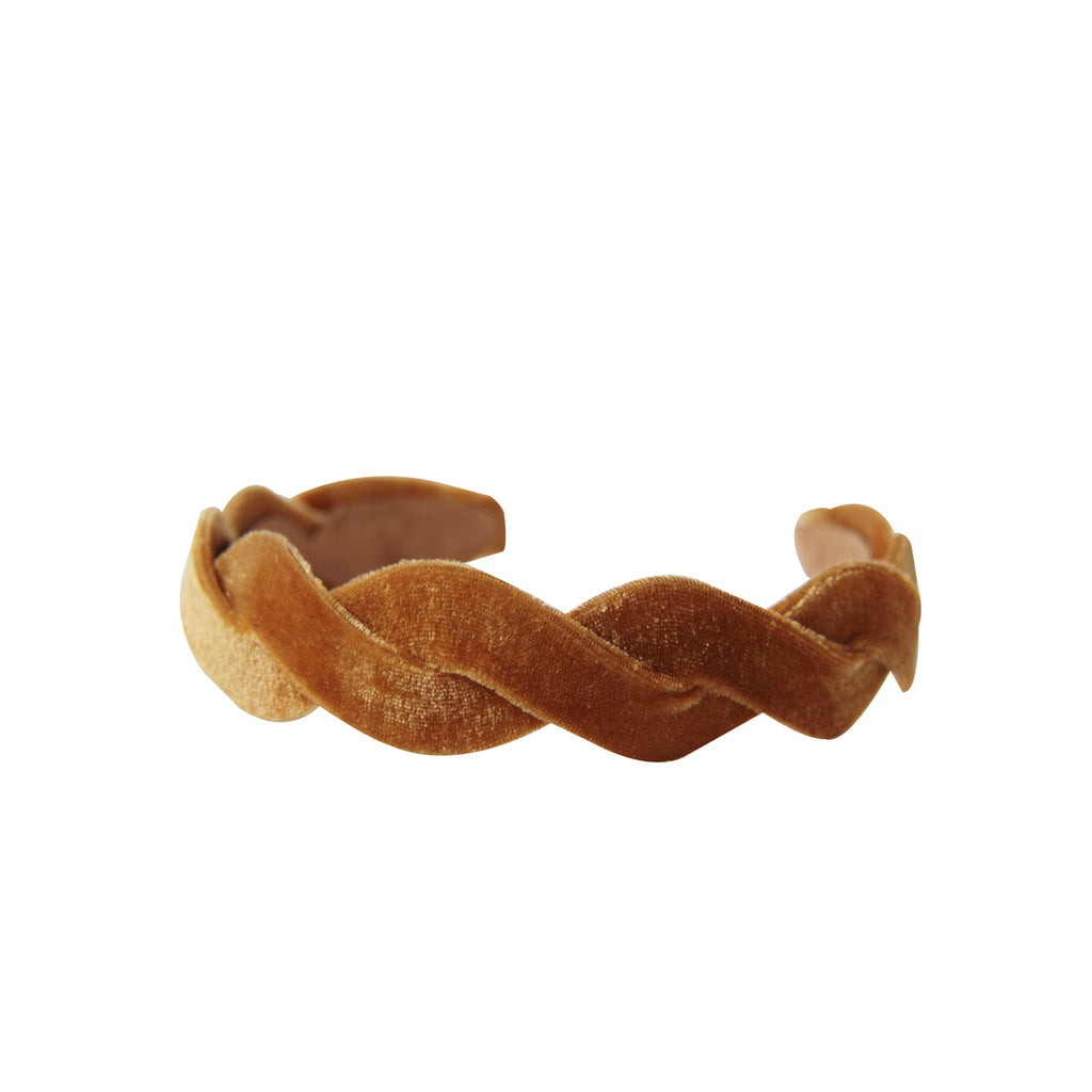 Mustard velvet wave headband on a white background