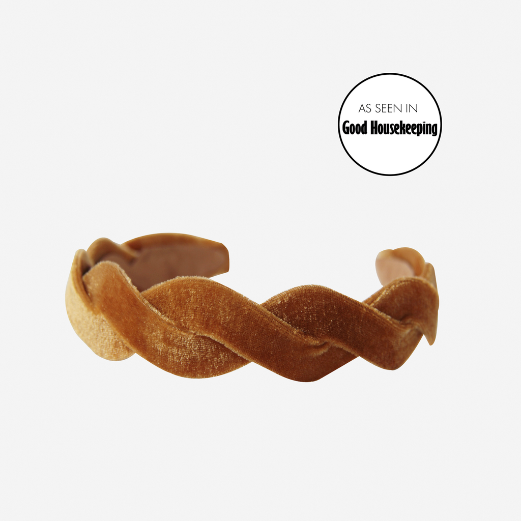 Mustard velvet wave hairband on an off white background