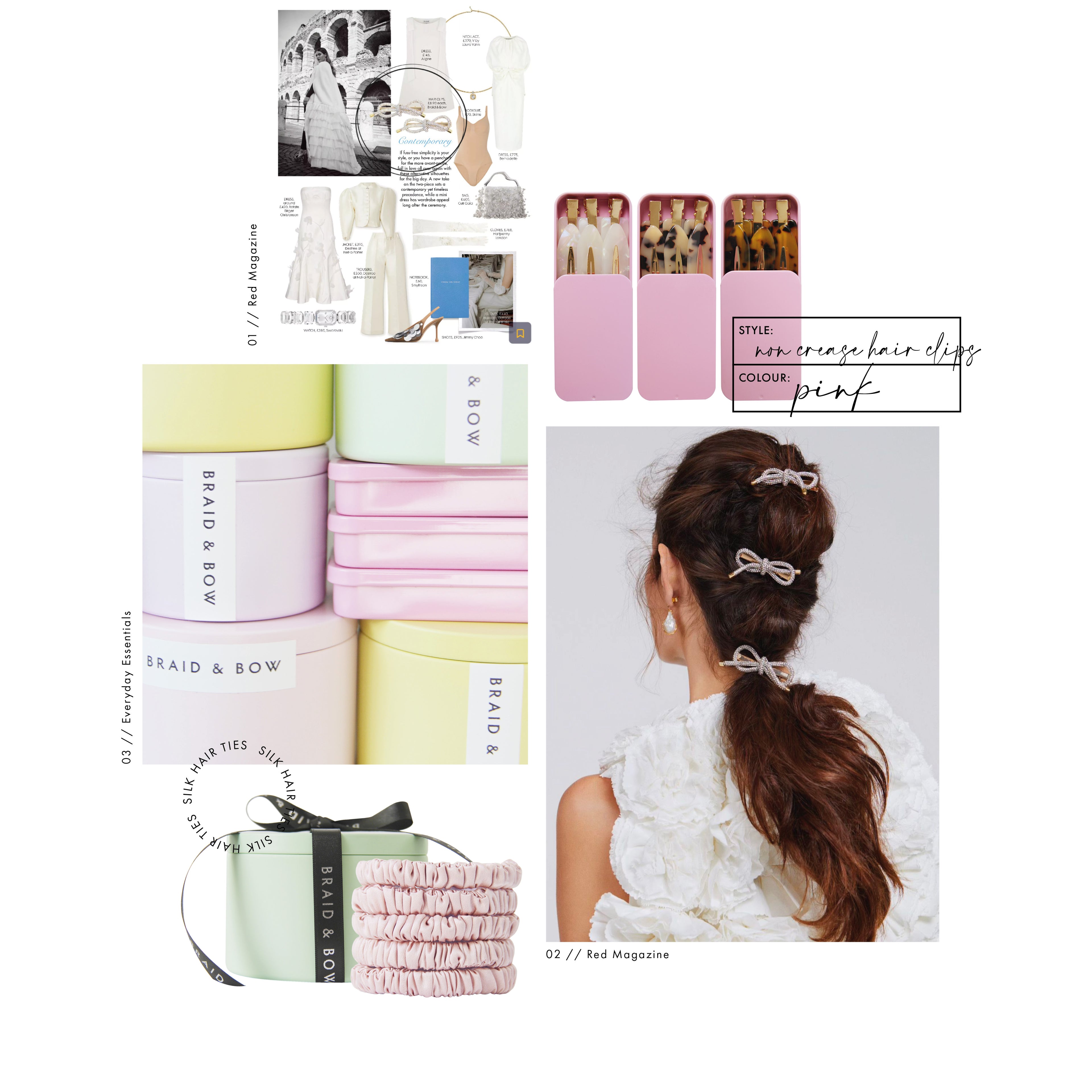 A collage image showing a collection of press coverage and product shots for Braid & Bow, showing sets of 6 non crease hair clips in pink tins and set of 5 pink silk hair ties in next to their green tin packaging. 