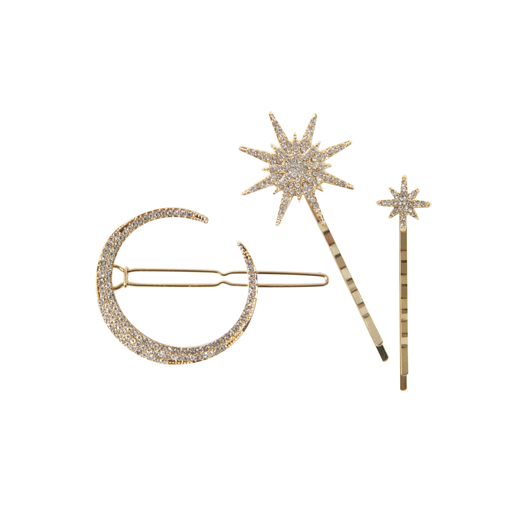 Crystal Moon and Star Gold Hair Clip Set